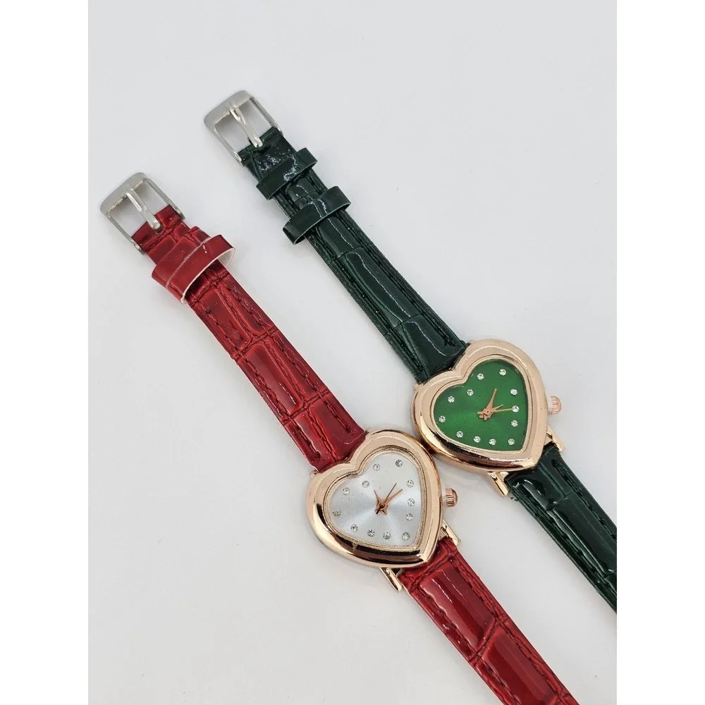 2X Girl's Women's Watch Heart Shape Green Red Dial 28MM Green‎ Red Leather Bands